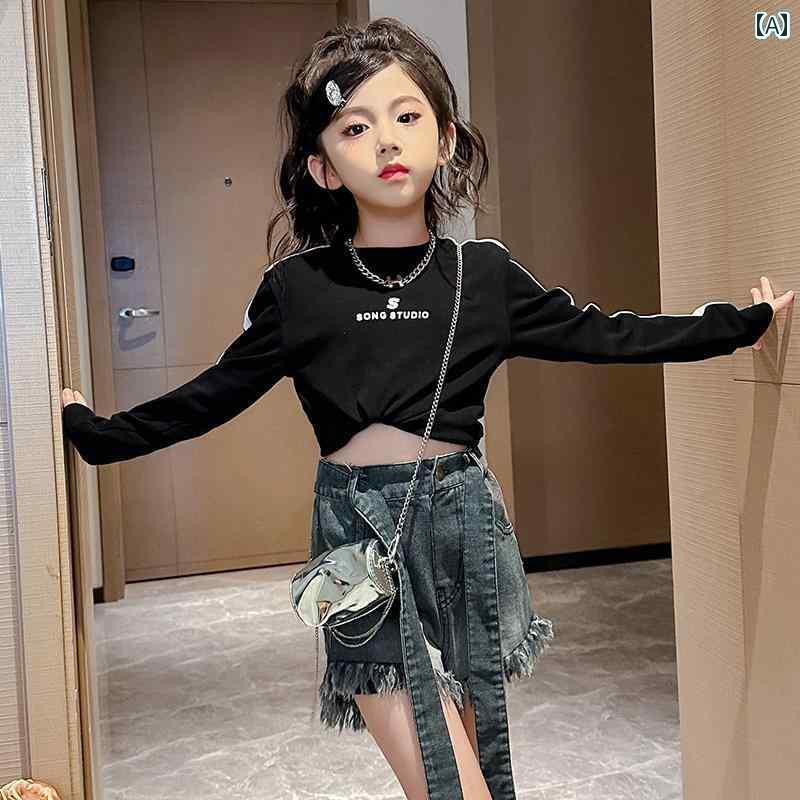 セットアップ キッズ おしゃれ 女の子 春秋 ジャズ ダンス スーツ カット オフ ジーンズ へそ 出し ファッション 服 キャットウォーク T ステージ