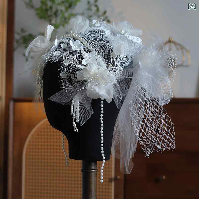 結婚式　レース　ヘッドドレス　バックカチューシャ ヘアアクセサリー 夢のような 質感の シルク チュールの 立体的な ホット フラワー フレンチ ベール ハット ブライダル ヘッド ドレス ウェディングドレス メイク 旅行 写 真 高級 アクセサリー