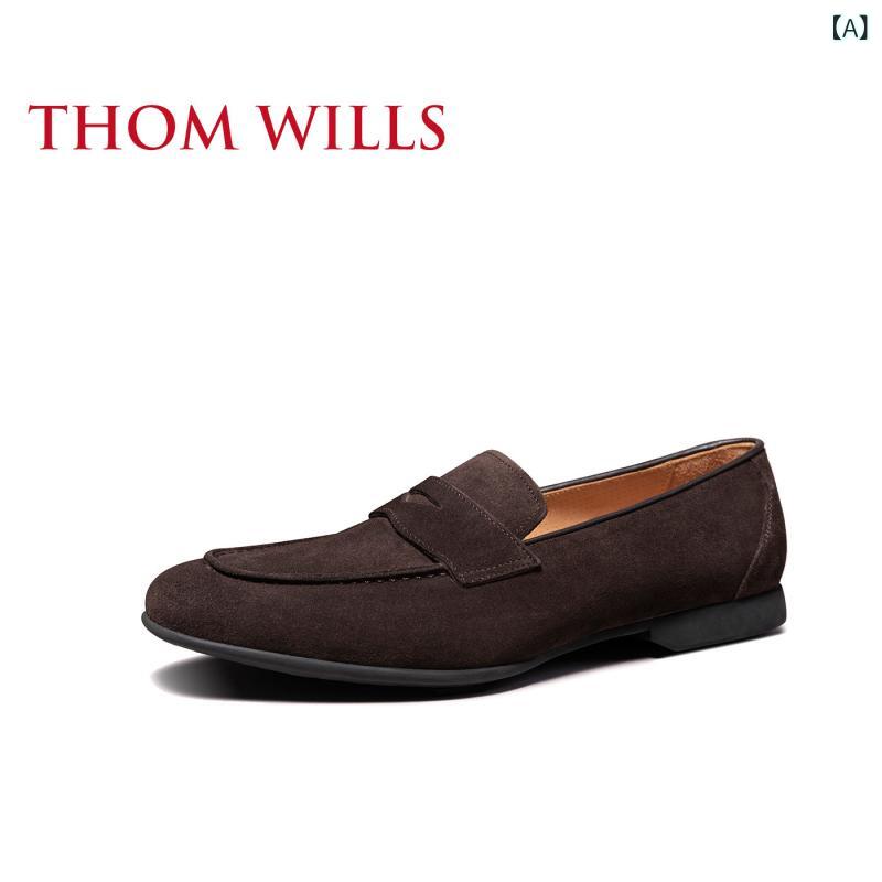 商行為 革靴 シューズメンズ ThomWills スエードクロス 置き目毛皮 引っ敷きなめし革 スリッポン シューズ メンズ 春夏 心地よい なめし革シューズ