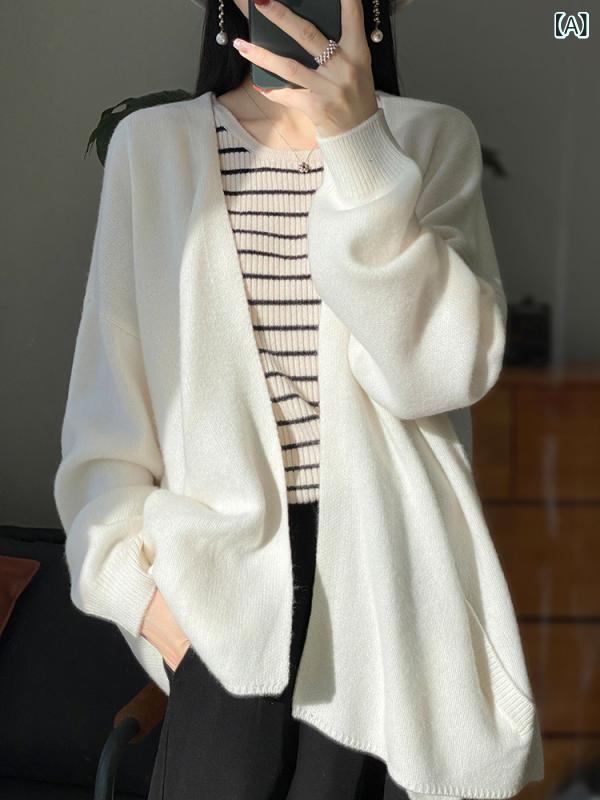 カーディガン レディース きれいめ ゆったり セーター レディース カーディガン Vネック ミドル 丈 ドロップ ショルダー 袖 シンプル 100 % ウール コート