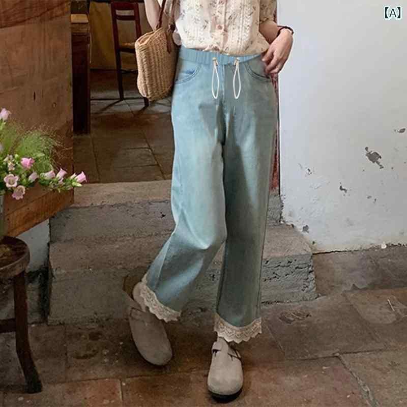 マタニティ ハイウエスト マタニティパンツ エンジェル マミー お腹 周り サポートなしの マタニティウェア アウターにも 使える デニム クロップドパンツ 春の ストレート レース ステッチ パンツ