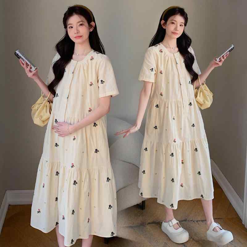 マタニティワンピース マタニティウエア マタニティ服 大きいサイズ マタニティウェア 2025夏 刺繍 ワンピース スリム フレンチスタイル 文芸 風 妊婦 服 aライン スカート