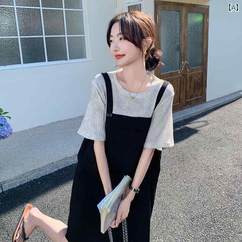 マタニティワンピース マタニティウエア マタニティ ワンピース マン トウジ ア マタニティ 服 夏 2025 フェイク ツーピース サスペンダー ドレス ゆったり 涼しい 夏服