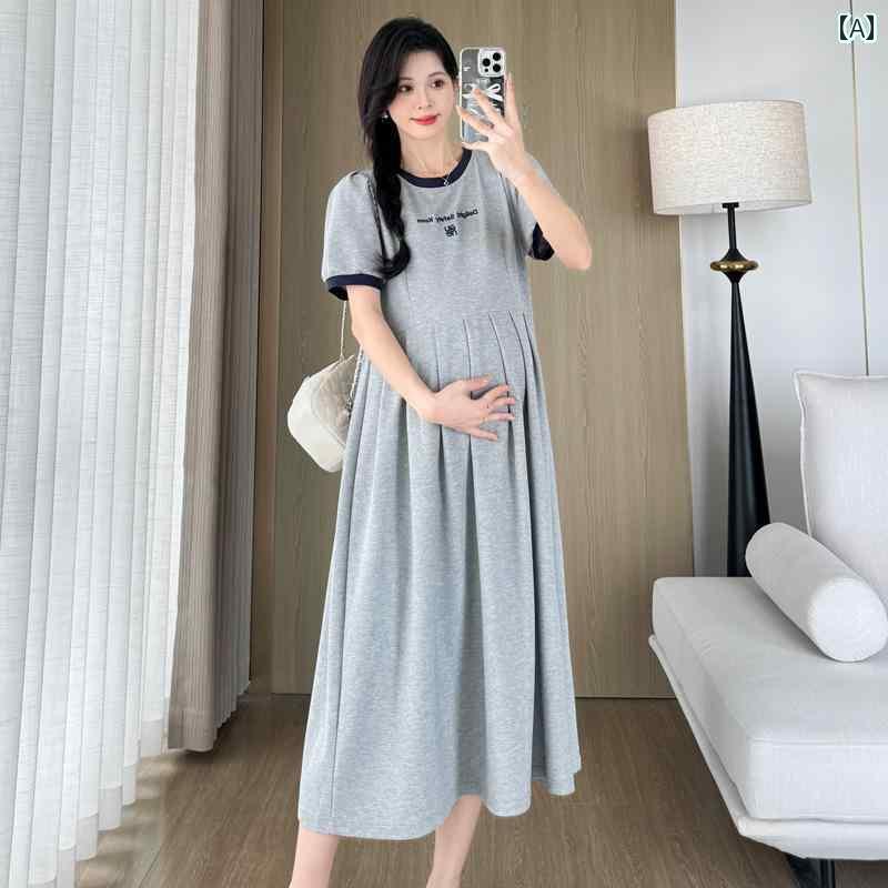 マタニティワンピース マタニティウエア マタニティ ワンピース マタニティ 服 夏用 半袖 トップス ロング スカート 高級 ファッション 刺繍入り ゆったり Tシャツ ドレス