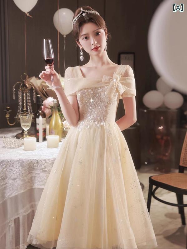 パーティードレス ドレスワンピース ロングワンピース シャンパン カラーの イブニングドレス 2025 高級 小さい 誕生日の ホストの 軽い アート 検査 大人 ドレス