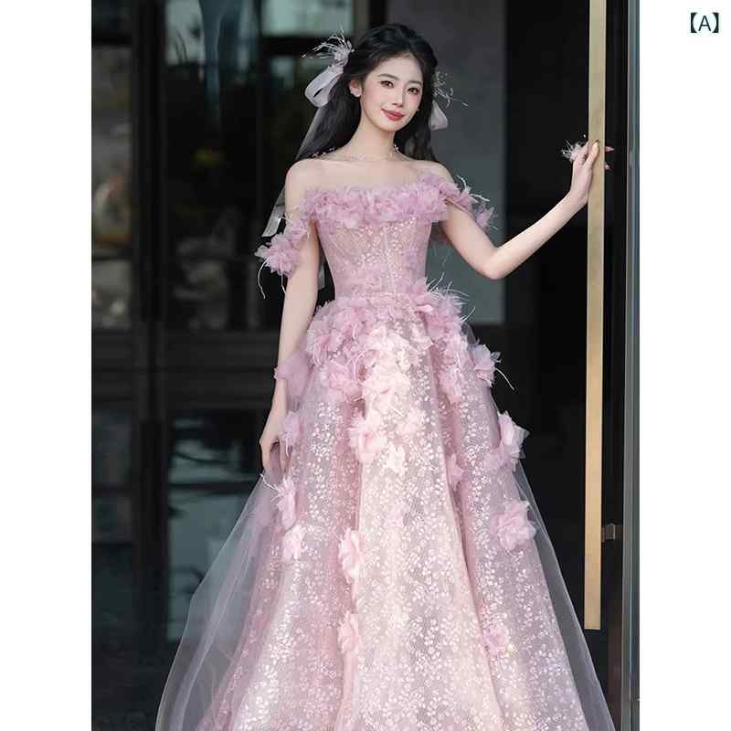 パーティードレス ドレスワンピース ロングワンピース ピンクの 婚約 イブニングドレス 女性用 2025年 新入 生成 人 式 プリンセス ドレス 花嫁 モーニング ガウン 朝の 撮影の 祝賀 会