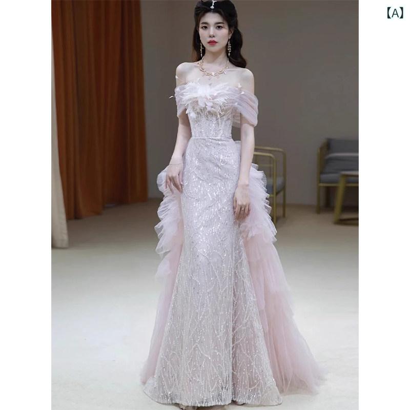 パーティードレス ドレスワンピース ロングワンピース ワンショルダーの イブニングドレス ピンクの 婚約 ドレス ハイエンド ホストの 成人 式の プリンセス 高級|ホープ