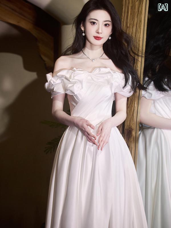 パーティードレス ドレスワンピース ロングワンピース ワンショルダーの イブニングドレス 年 新婦 結婚 登録 リトル ホワイト ドレス ランナウェイ プリンセス 婚約 トースト|ホープ