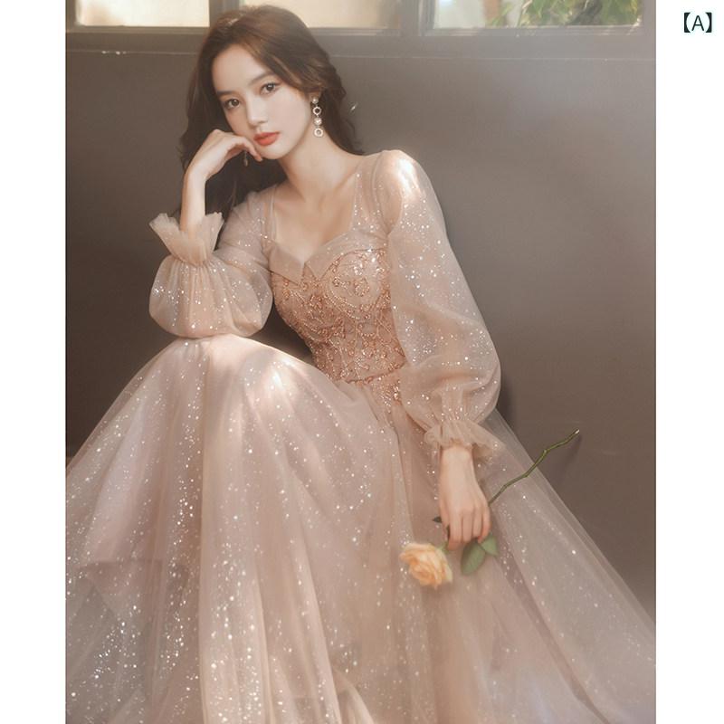 パーティードレス ロングワンピース ドレス 女性用 長袖 イブニングドレス パーティー 誕生日 シャンパン カラー 軽い 贅沢 ハイエンド 年次 会議の 主催者 高級 感|ホープ