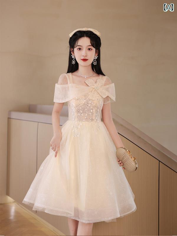 パーティードレス ロングワンピース ドレス シャンパン カラーの イブニングドレスの 女性 2025 成人 式 司会 ガーゼ スカート ハイエンド パーティー 夏