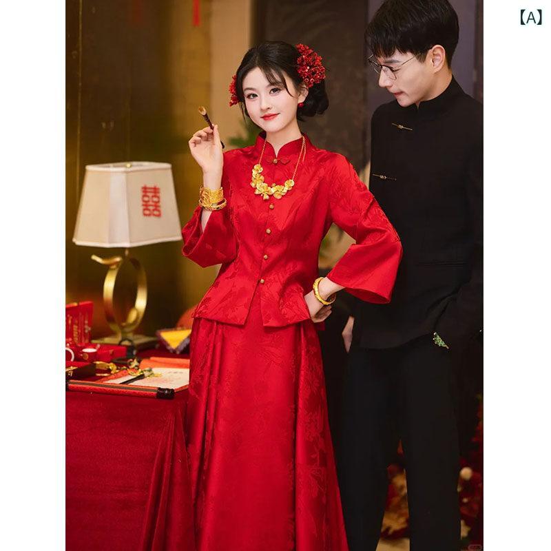 パーティードレス ロングワンピース ドレス 中国 チャイナ ドレス トースト 2025 花嫁の 婚約 イブニングドレス 赤い 長袖 ツーピースの ウェディング 帰国|ホープ