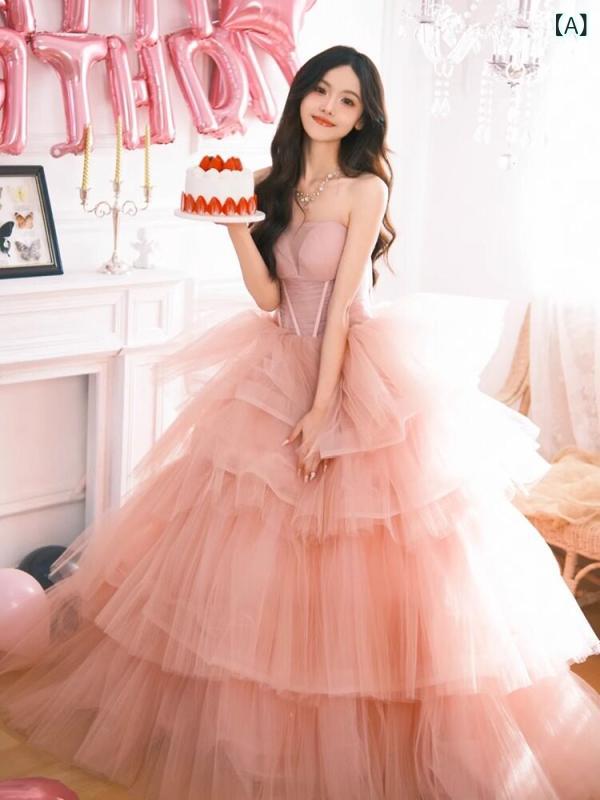 パーティードレス ロングワンピース ドレス ピンクの イブニングドレス 誕生日 プリンセス ドレス 大人 セレモニー ホスト 女性 パーティー 高級 ロング ふわふわ|ホープ