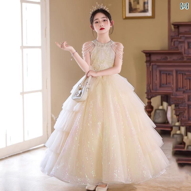 パーティードレス ロングワンピース ドレス 女の子 ドレス 美しい フラワーガール 高級 子供の 誕生日の プリンセス ピアノ 演奏の 司会