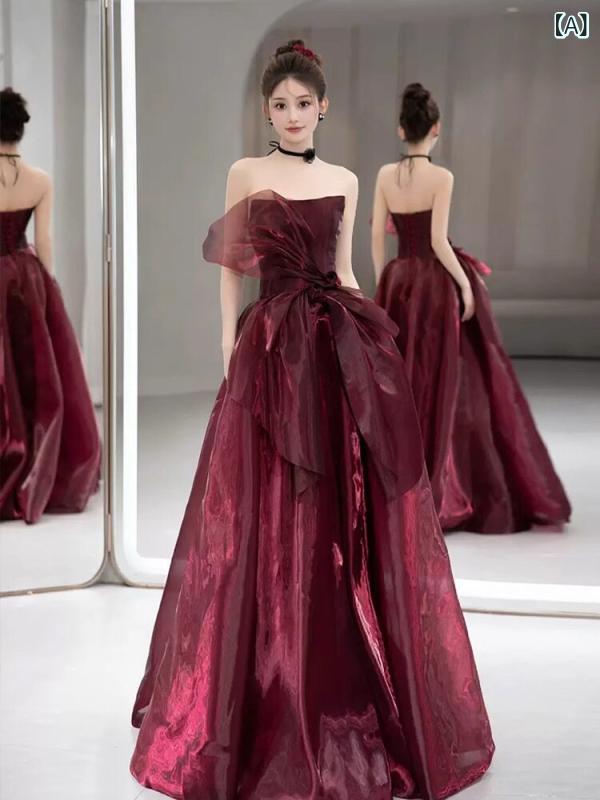 パーティードレス ロングワンピース ドレス ブルゴーニュの チューブ トップ トースト ドレス 年 ハイエンド 花嫁の 結婚式 帰宅 カジュアル 婚約｜ホープ