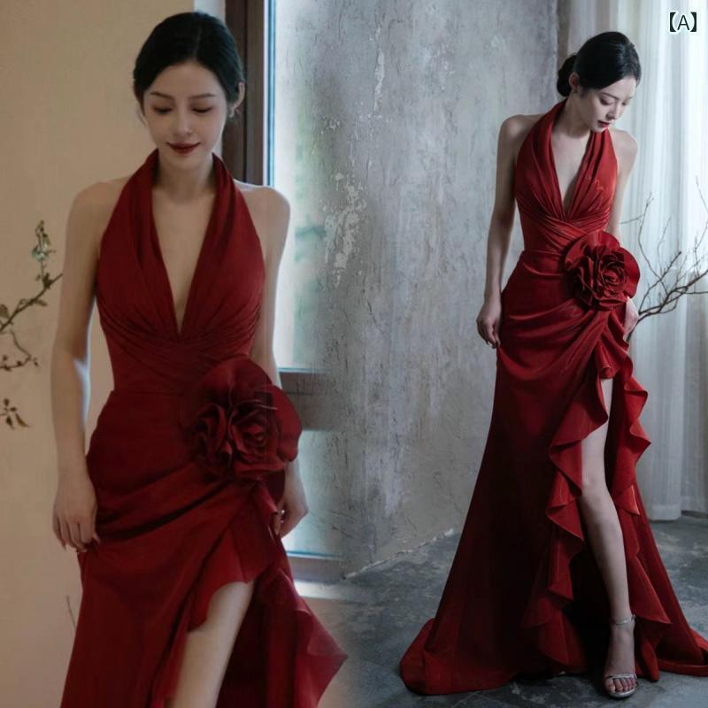 パーティードレス ロングワンピース ドレス ワイン レッドの 花嫁の 結婚式 婚約 トースト モーニング ドレス カー ショーの 司会者 ウェディングドレス イブニングドレス 19898