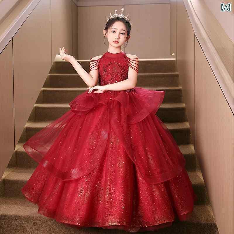 パーティードレス ドレスワンピース ロングワンピース 赤い 女の子 イブニングドレス 軽い ハイエンド 高級 誕生日の プリンセス ドレス 子供の 司会 ピアノ 演奏 衣装|ホープ