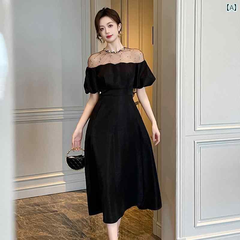 パーティードレス ドレスワンピース ロングワンピース フランスの 高級 女性用 ドレス 夏の パーティーのの リトル ブラック ウエスト パフスリーブ ロング