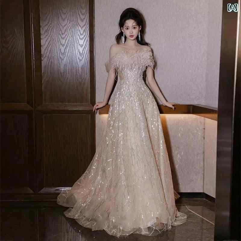 パーティードレス ドレスワンピース ロングワンピース 女性用 婚約 イブニングドレス 高級 成人 式 フレンチスタイル 女性 パーティー 羽根 トースト ドレス モーニング ローブ|ホープ