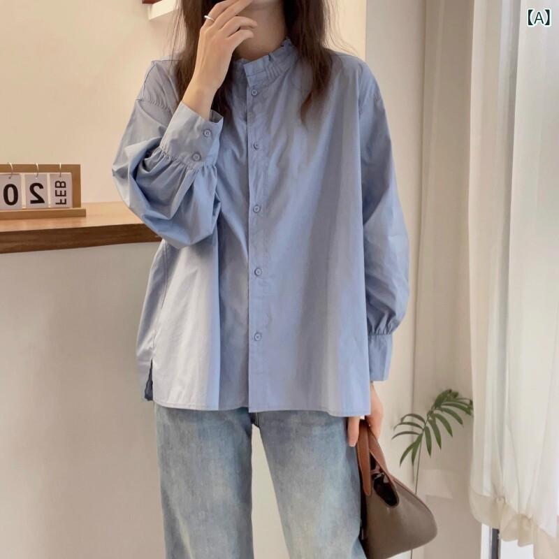 レディース トップス 大きいサイズ 風 ブルー レトロ 長袖 シャツ 女性 2025 春 商品 太 mm ゆったり スリム トップ