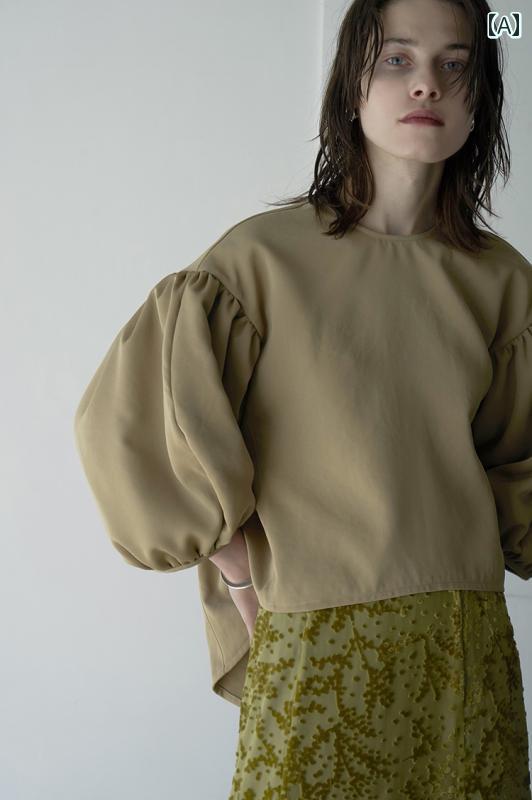 袖 ぽわん袖 レース シャツ レース シースルー 袖 ぽわん袖 レース シャツ レース シースルー 松本 恵 奈 ラウンドネック ドロップ ショルダー 3点 ランタン パフスリーブ キャメルカラー トップス ショート フロント ロング バック シャツ