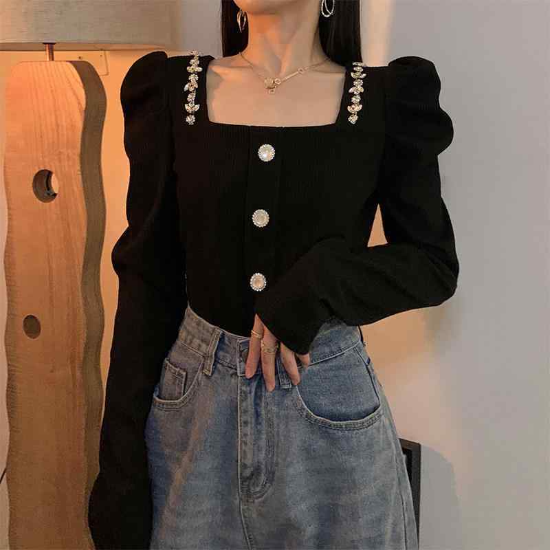 袖 ぽわん袖 レース シャツ レース シースルー 袖 ぽわん袖 レース シャツ レース シースルー 秋冬 女性用 ブラック フレンチスクエア ネック トップ 鎖骨 露出の パフスリーブ 長袖 ハイエンド シャツ