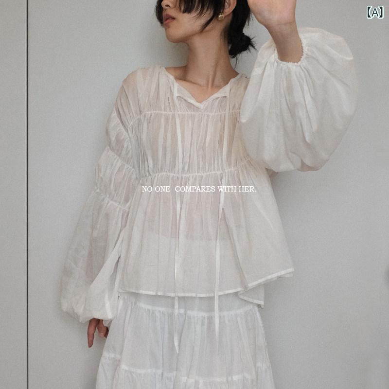 袖 ぽわん袖 レース シャツ レース シースルー 袖 ぽわん袖 レース シャツ レース シースルー 彼女のの なで フランスの レトロ 無地 コットンの クリア バブル スリーブ 長袖 シャツ トップス。