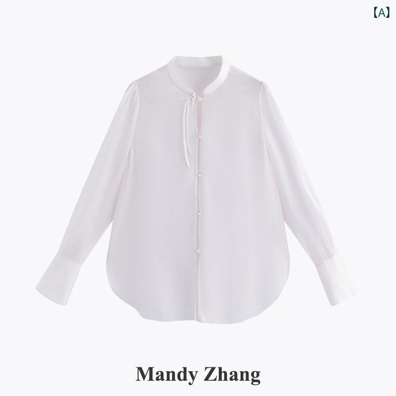 シャツ レース フリル 韓国 レディース インナー シアー シースルー シャツ レース フリル 韓国 レディース インナー シアー シースルー MandyZhang フランスの 高級 シフォン 半透明 ピンク スタンドカラー シャツ 女性 夏 薄手 長
