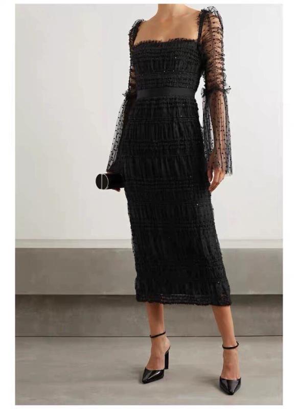 ワンピース シャツワンピ ロング マキシ マキシワンピース ワンピース シャツワンピ ロング マキシ マキシワンピース S フレンチ ブラックの ドットの スパンコール メッシュの 長袖 ドレス。 着ると 美しく 見えます