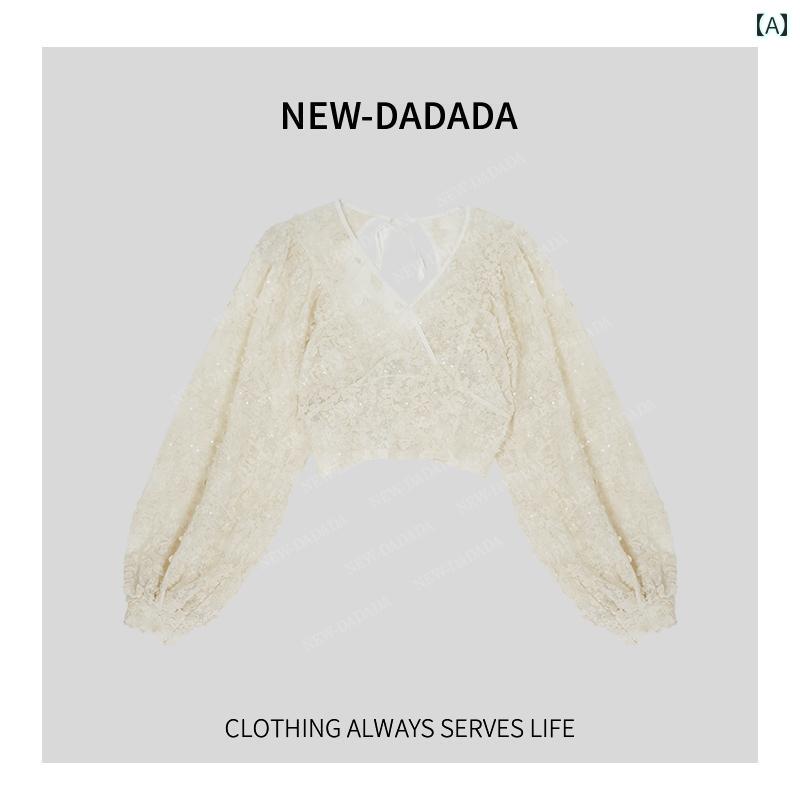 シャツ トップス フリルブラウス ランタン袖 体型カバー レース Lida NEWDADAD 優しい レース シャツ 2025 春 ランタン スリーブ 美しい ブラウス 女性 日焼け防止 ショート トップ