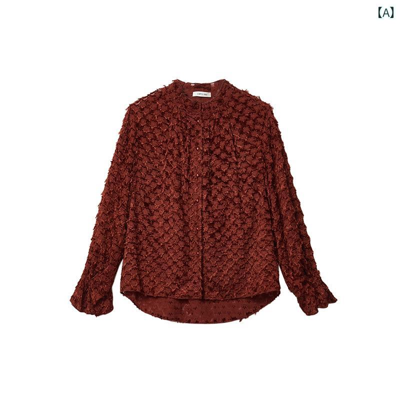 シャツ トップス フリルブラウス ランタン袖 体型カバー レース 丈夫な シアリング ジャカード 5 A シルク ボトム 風通しの 良い キノコ カラー ランタン スリーブ フレンチ トップ E 36749 YD｜ホープ