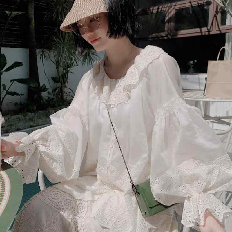 シャツ トップス フリルブラウス ランタン袖 体型カバー レース の 森 ガール ランタン スリーブ 刺繍 フレンチレース シャツ ゆったり 長袖 宮殿 スタイル トップ