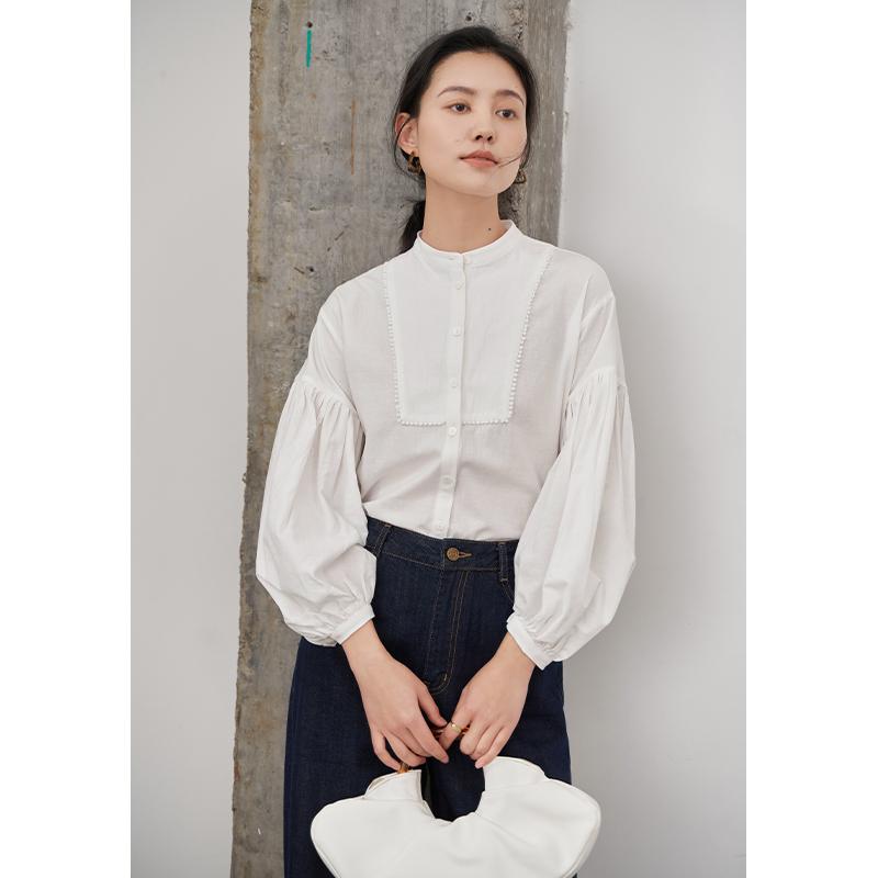 シャツ トップス フリルブラウス ランタン袖 体型カバー レース JANEONESS フレンチ パフスリーブ ホワイト シャツ レース スタンドカラー ランタン スリーブ 春秋 スリムトップス