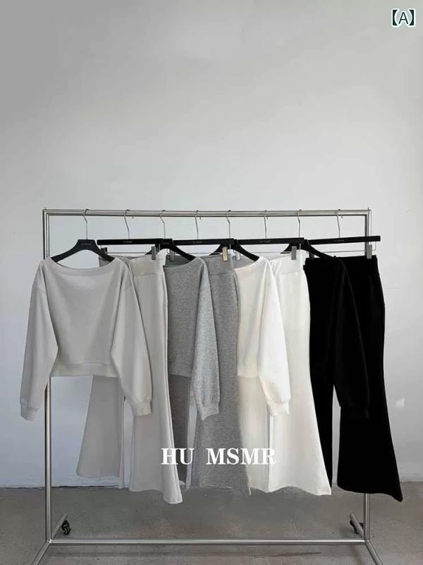 セットアップ お部屋お召しもの 衣裳 流汗 愛くるしい HU MSMR 2025 春 壱肩口 オフショルダー スウェーター ご機嫌酉の方角 スリミング ドローストリング 太陽面爆発ズボン下 背広 レディース スウェット・トレーナー-トップス-レディースファッション
