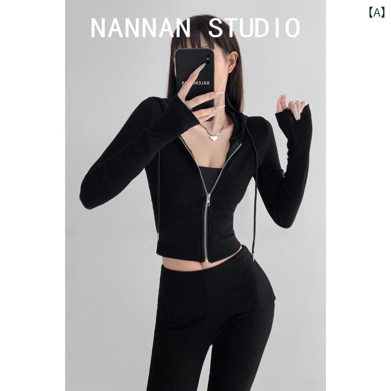 セットアップ ルームウェア ワンピース スウェット かわいい 甘くて 魅惑的 姿の ホットな 女の子 ニット スーツ ヒップ ハイウエスト フレア ヨガ パンツ レディース ショート カーディガン セーター