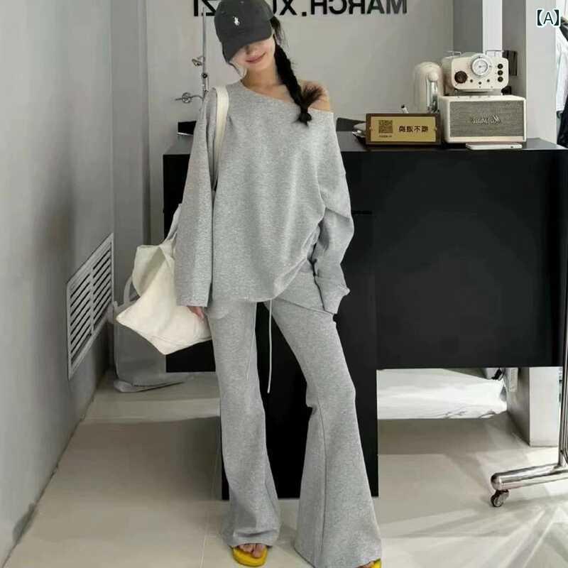 セットアップ お部屋お召しもの 衣装 汗水 愛くるしげ Shisanhang アメリカン 曲がった 肩 スウェーター 背広 小っちゃいな お上さん用 ワンショルダートップ 太陽フレアズボン下 心地よい 運動競技 背広