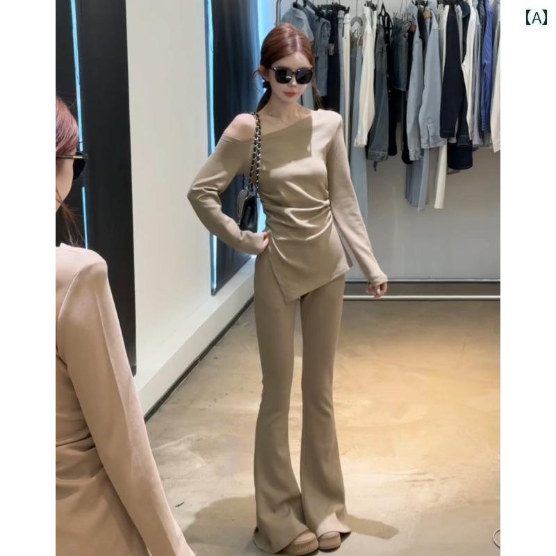 セットアップ ルームウェア ワンピース スウェット かわいい 女性用 ファッション スーツ 2025 春 斜め 肩 長袖 トップス ハイウエスト スリム フレアパンツ カジュアル ツーピース