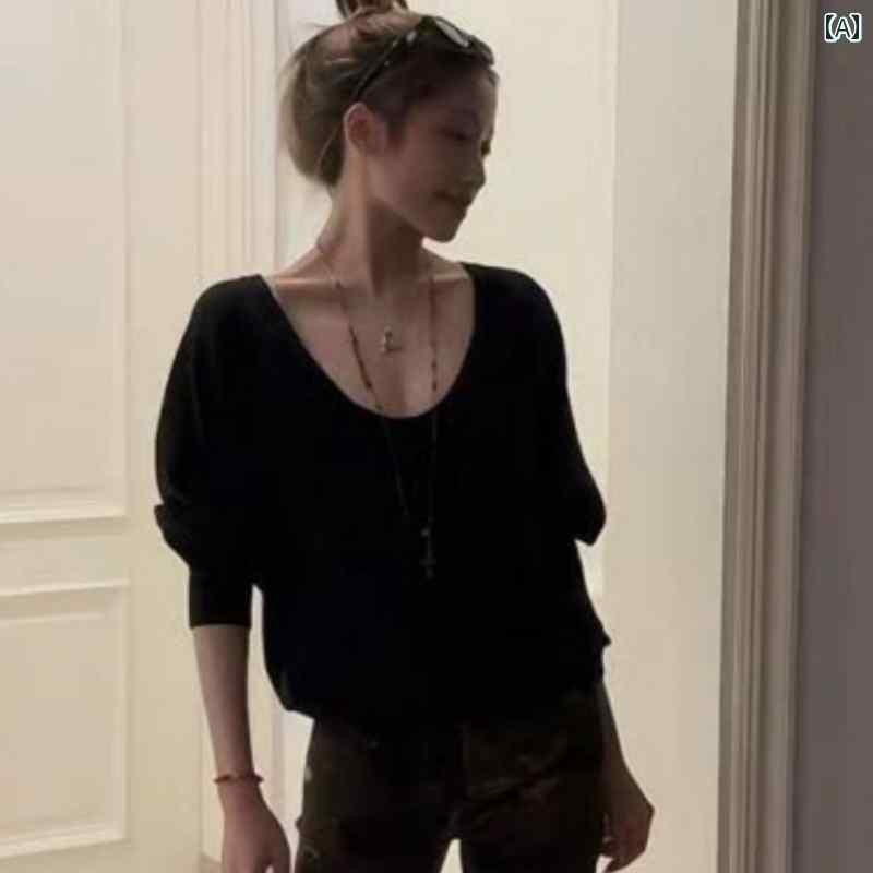 セットアップ ルームウェア ワンピース スウェット かわいい ハイエンド 衣装 春夏の 女性用 Vネックの 大きい 黒い セーター アメリカ ワークウェアの フレアパンツ ツーピース スーツ フル セット