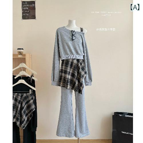 セットアップ お部屋お召しもの 衣装 汗水 愛くるしげ 曲がったの 襟と 読み合わせる 柄の ゆったり オフショルダーセーター ドレープ 太陽フレアズボン下 春の レディース運動競技＆ 余暇 スリー天下太平背広