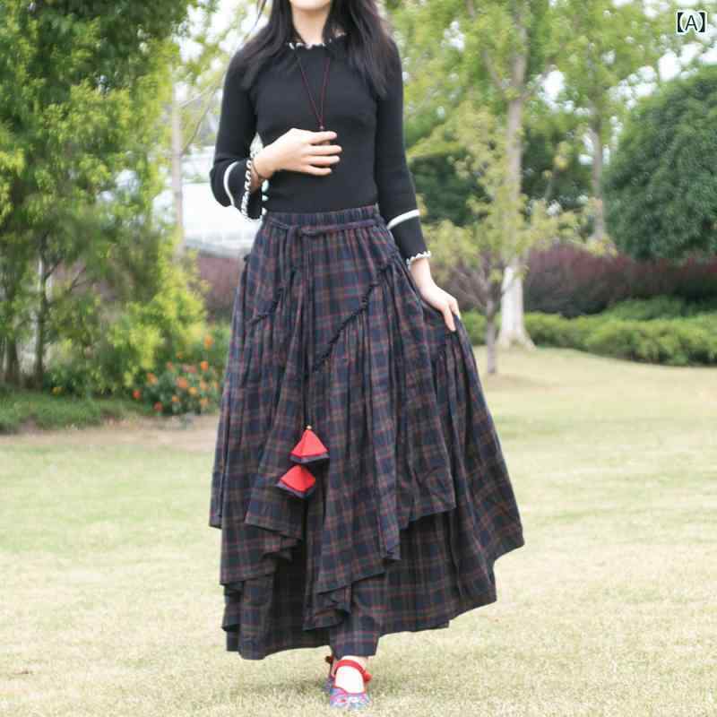 スカート ロングスカート マキシスカート ベイカースカート ロング ミドル 丈 スイング レトロ 厚手 綿 起毛 チェック 柄 ロング スカート ハイウエスト スリム イレギュラー 秋冬 春