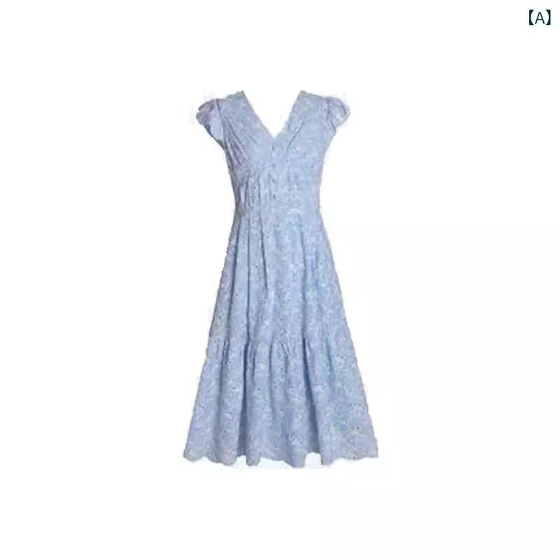 スカート ロングスカート マキシスカート ベイカースカート ロング フレンチブルーの キキョウ フライング スリーブドレス 女性用 夏の ウエスト ミディアム ロング スタイル 小さめ フレッシュ フェアリー ドレス
