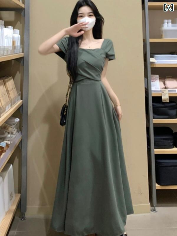 レディース トップス かわいい 春夏 夏の 女性用 高級 クロス スクエアネック ウエスト ドレス 太った 女の子用 大きいサイズ フランス 風の 年齢を 減らして 痩せる ロング
