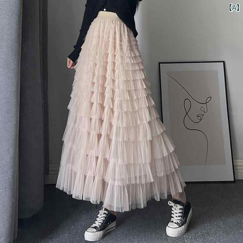 レディース ワンピース かわいい フェアリー ヘビー メッシュ ティアードスカート スカート レディース 秋冬 ロング アンクル スリム