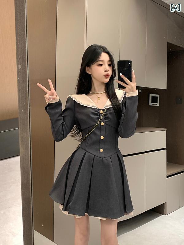Aライン スカート ワンピース ひざ丈 ロング 韓国 Aライン スカート ワンピース ひざ丈 ロング 韓国 太めの mm ネイビーカラー スリム ロング スカート 女性 春 大きいサイズ ハイエンド ウエスト プリーツ ワンピース