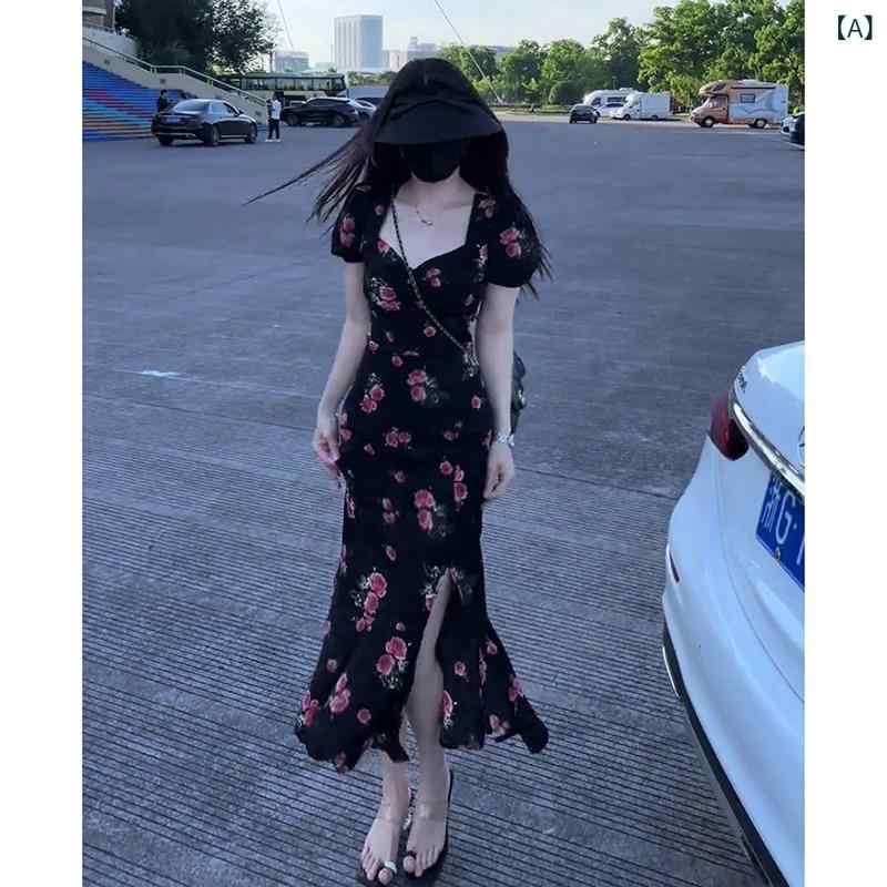 衣装 半袖 ロング衣装 夏 フレンチ 風 魚族 尾っぽ スコート か細い填まる 真四角のど首 ロング 黒いこと 花柄 お召しもの レディース
