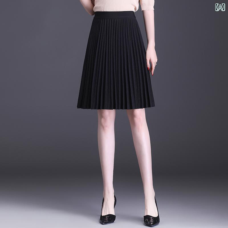 スカート ロングスカート マキシスカート ベイカースカート ロング レディース 黒の スカート スリム 小柄 ドレープの ある aライン 春秋 ハイウエスト ミディアムと ロングの プリーツスカート