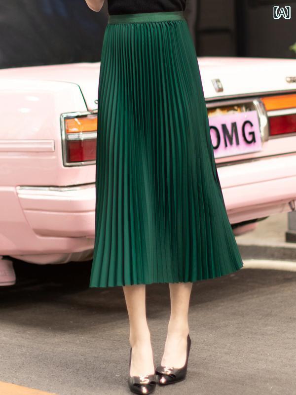スカート ロングスカート マキシスカート ベイカースカート ロング グリーン プリーツスカート 春夏 スカート レディース プリーツ アンブレラ 大きいサイズ ロング ドレープスカート ミディ
