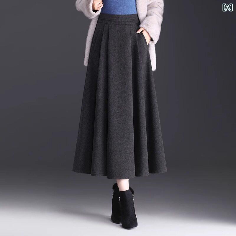 スカート ロングスカート マキシスカート ベイカースカート ロング アンコラ レッド 冬 ウール プリーツスカート ミドル 丈 ハイエンド ヒップ カバー スリミング aライン ポケット ドレープ ラージ スイング スカート