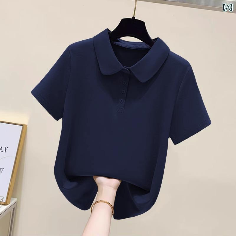 Tシャツ レディース 半袖 ネイビーブルーの 半袖 Tシャツ レディース 夏用 ゆったり スリム カジュアル 大きいサイズ プリント ポロシャツ トップス