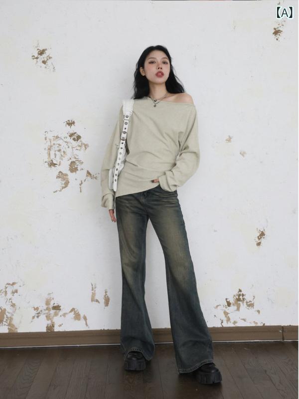 レディース トップス ミディ丈 ゆったり DR 不規則な 斜め 肩 双方向 着用 プリーツ スリム 厚手 ツイル 長袖 Tシャツ トップス レディース 秋