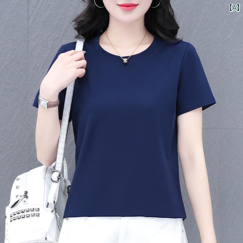 Tシャツ レディース 半袖 無地 半袖 Tシャツ レディース 夏 2025 丸 首 中年 おしゃれ ママ ゆったり 綿 トップス